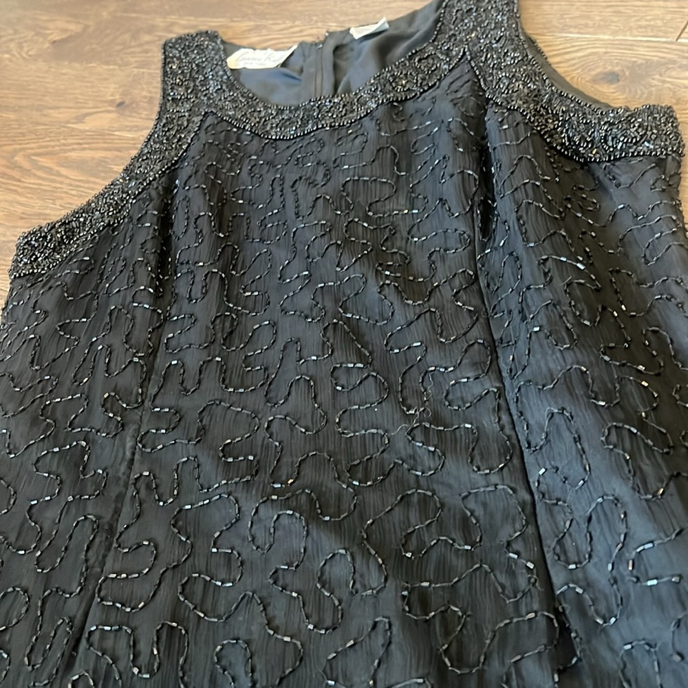 Vintage Laurence Kazar Womens Black Silk Beaded Dress Black Cocktail Size Large